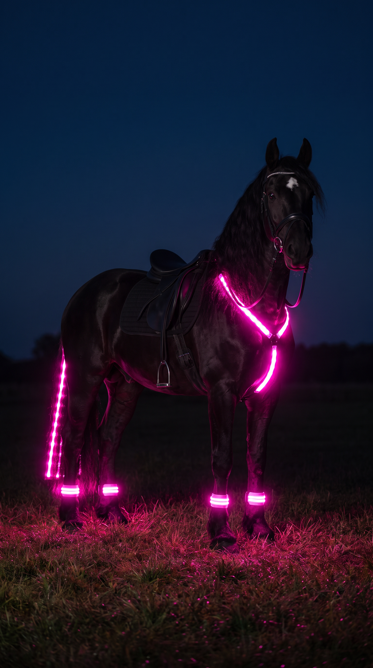 Horse with glowing chest strap at night